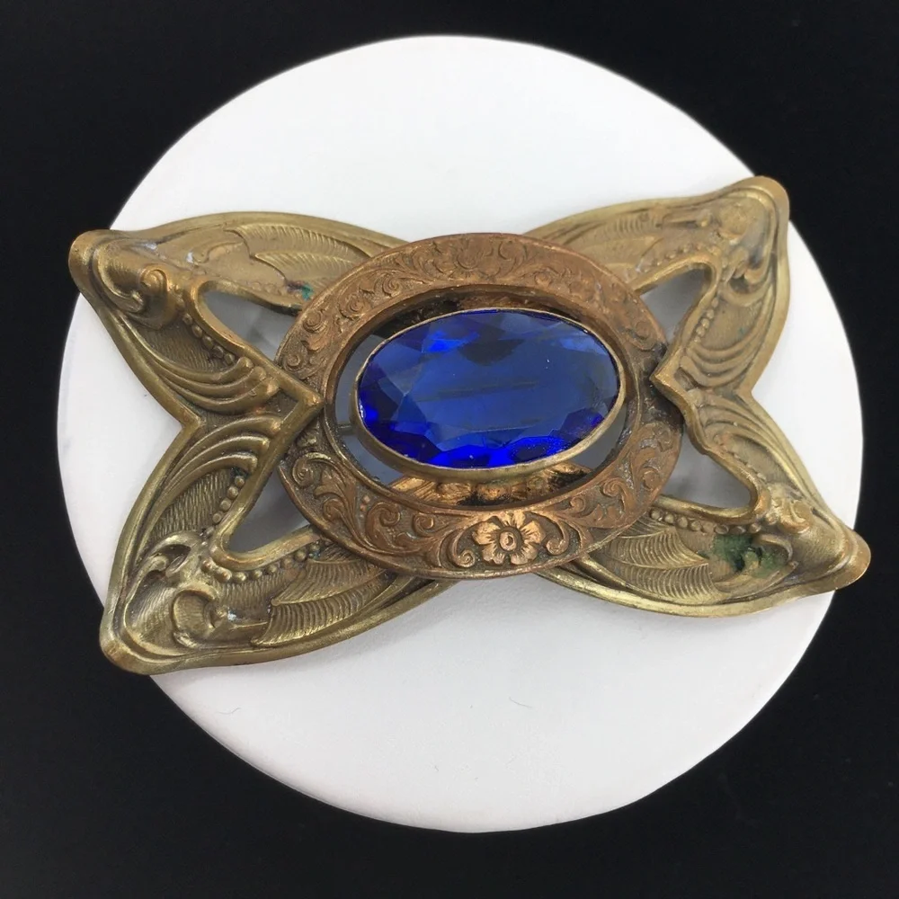 Antique Victorian Brass Bronze Blue Glass Brooch Pin Old Estate Costume Jewelry